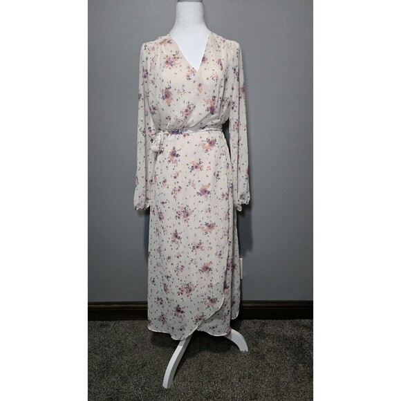 Everly Floral Rayon Wrap Dress Long Sleeve Size L Pink Multicolor Fairy Whimsy - Picture 3 of 10